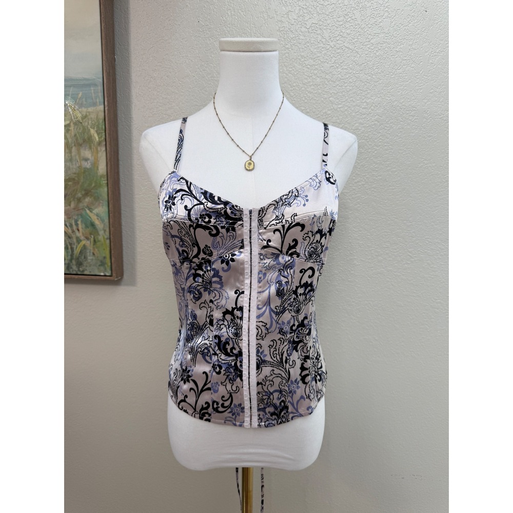 Express Stretch Silk Blend Paisley Corset Top Lavender Navy Size 10 Lace Up Back